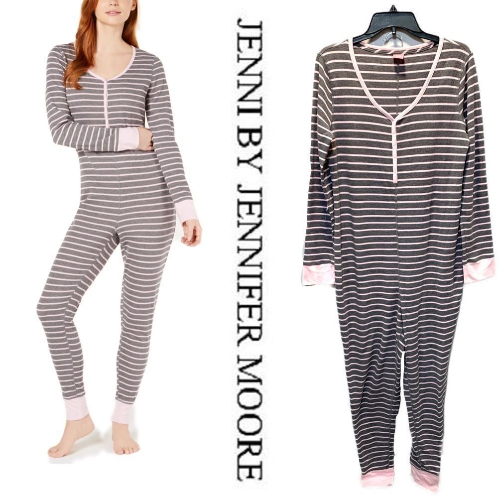 Jenni by Jennifer Moore Thermal 1 Piece Union Suit Pajamas Gray/Pink Str…